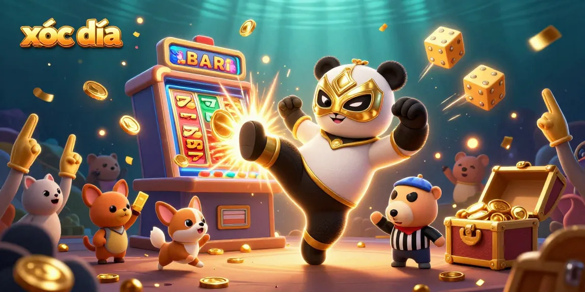 Exciting xóc đĩa action scene featuring animated characters in a vibrant casino setting with golden jackpot effects.