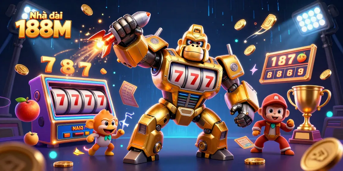 Engage with Nhà cái 188M's exhilarating casino experience featuring vibrant slot elements and dynamic characters.