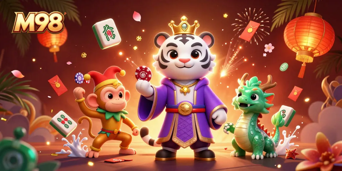 M98 players enjoying vibrant 3D casino illustration with royal tiger and playful monkey
